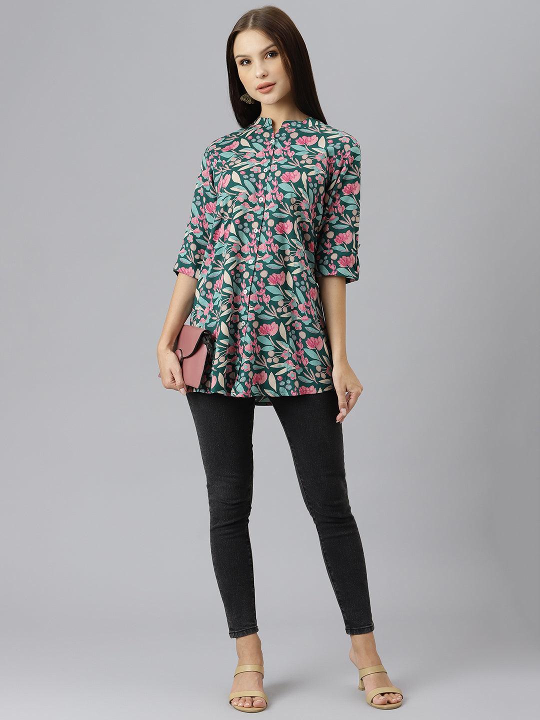 Dark Green Floral Rayon A-Line Shirts Style Top | LASVINI - Redefining Indian Fashion with Elegance