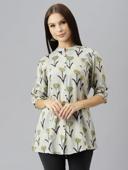 Cream Floral Rayon A-Line Shirts Style Top | LASVINI - Redefining Indian Fashion with Elegance