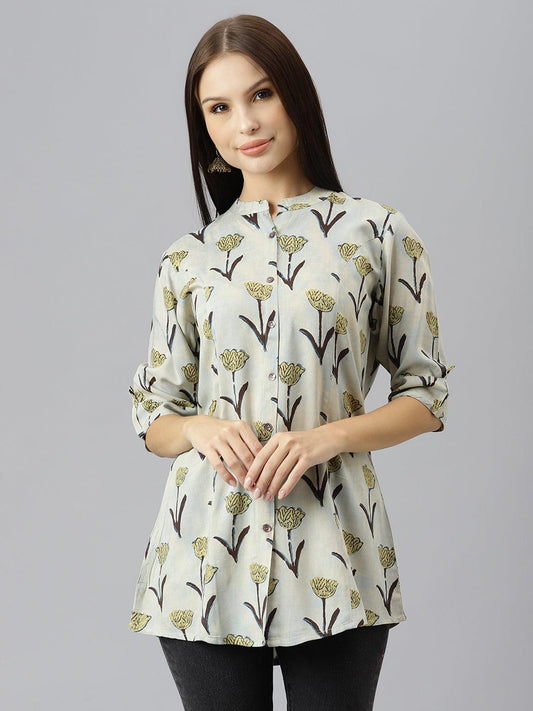 Cream Floral Rayon A-Line Shirts Style Top | LASVINI - Redefining Indian Fashion with Elegance