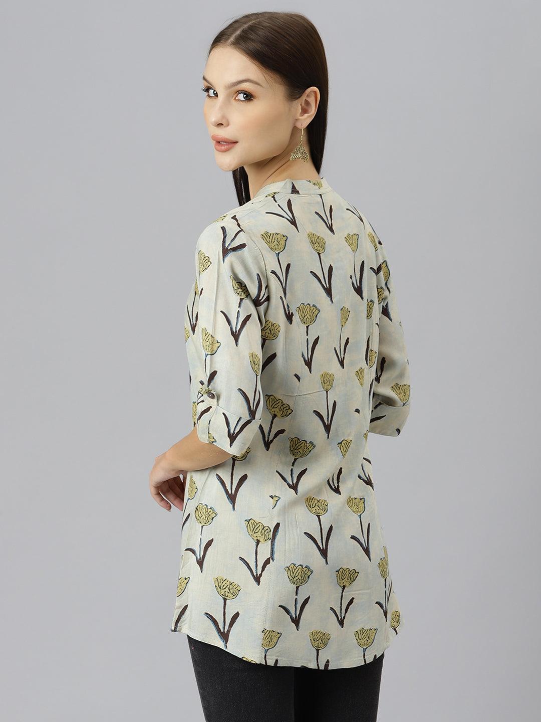 Cream Floral Rayon A-Line Shirts Style Top | LASVINI - Redefining Indian Fashion with Elegance