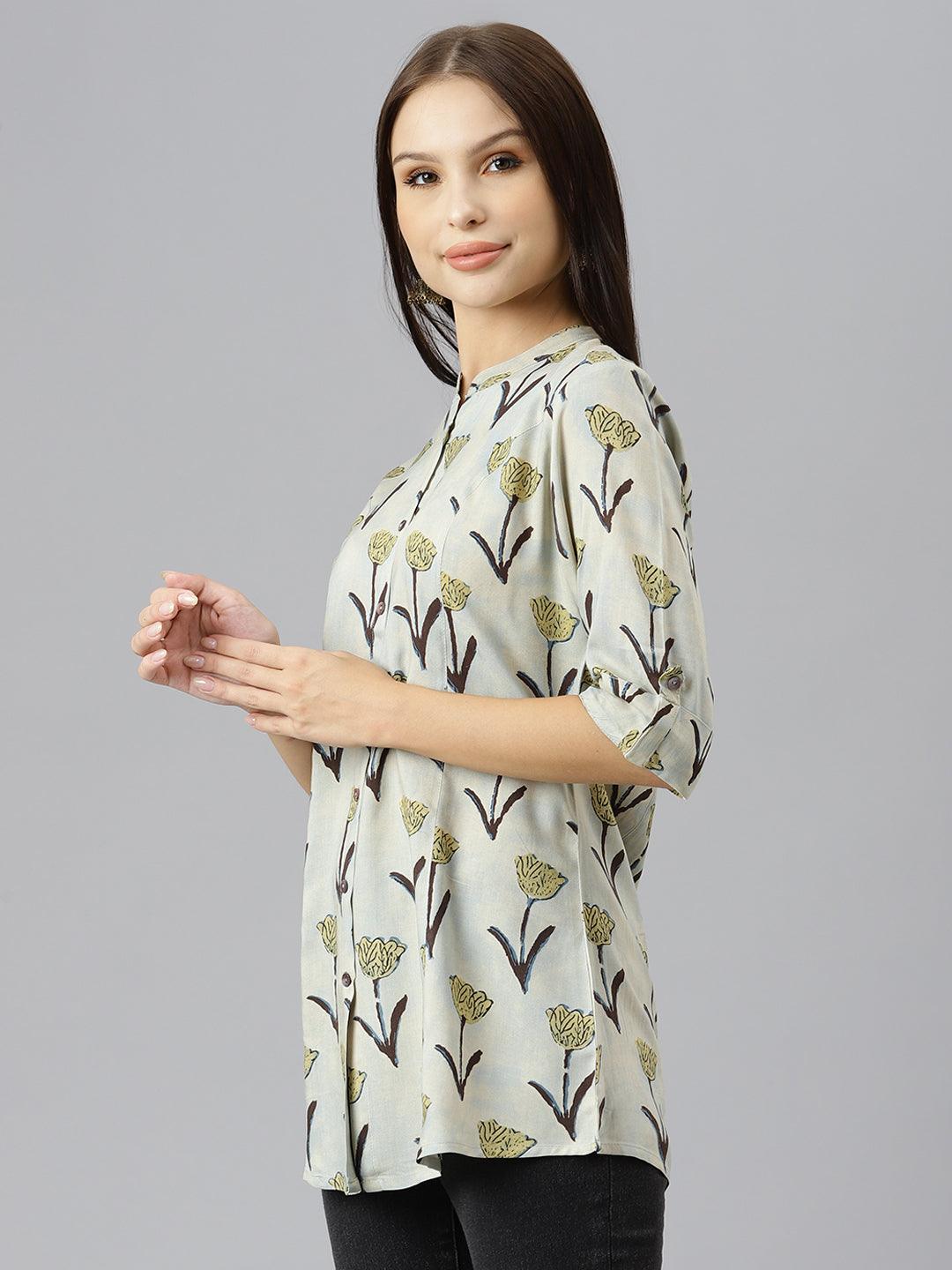 Cream Floral Rayon A-Line Shirts Style Top | LASVINI - Redefining Indian Fashion with Elegance