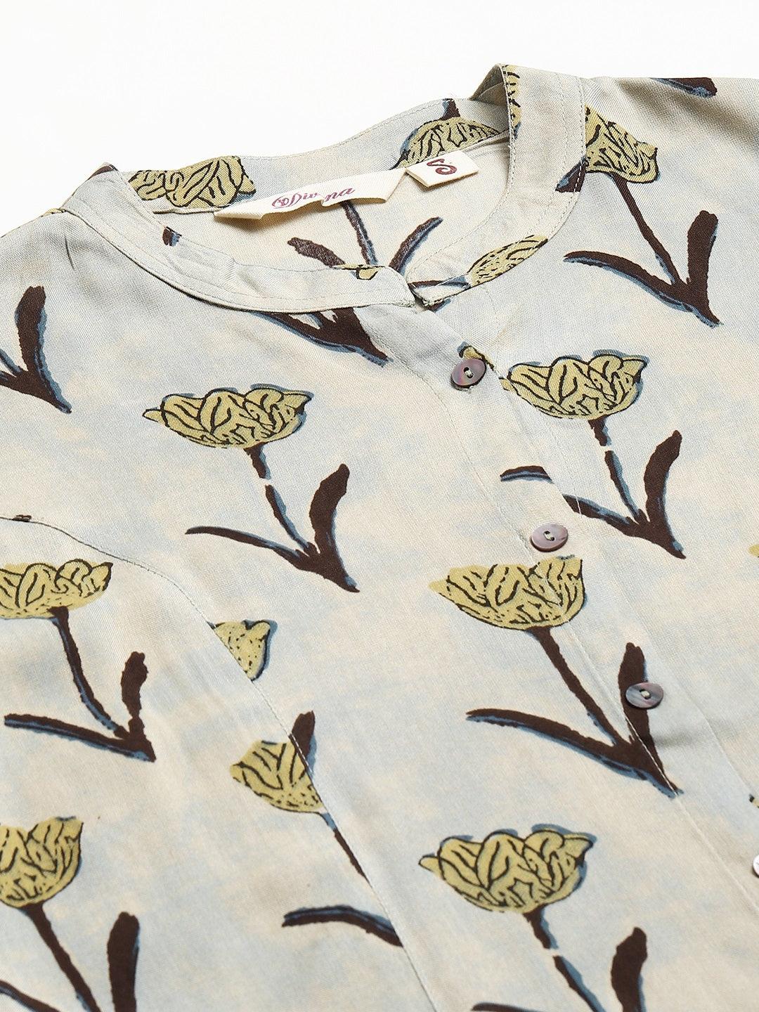 Cream Floral Rayon A-Line Shirts Style Top | LASVINI - Redefining Indian Fashion with Elegance