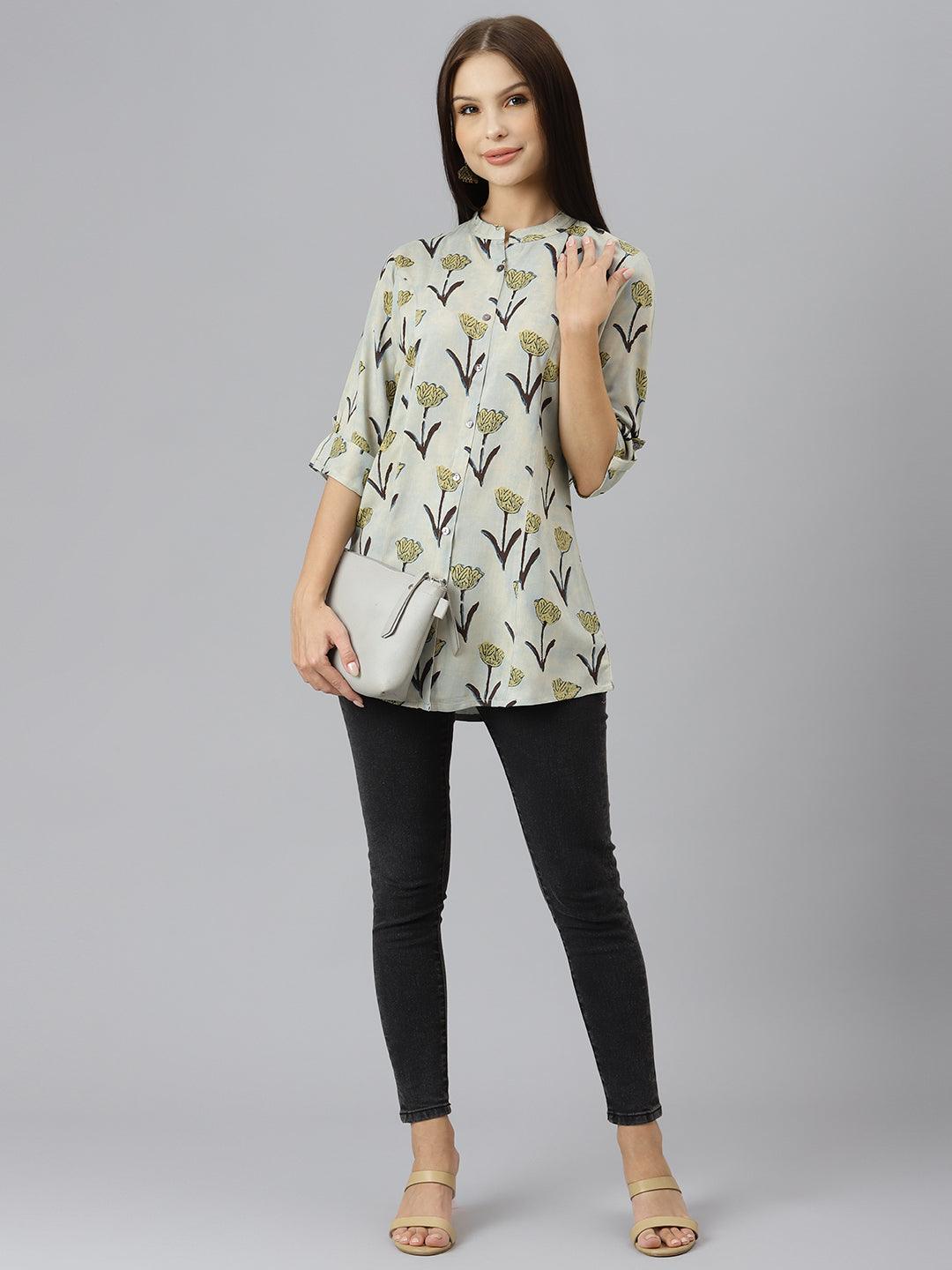 Cream Floral Rayon A-Line Shirts Style Top | LASVINI - Redefining Indian Fashion with Elegance