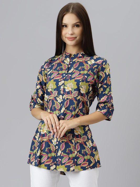 Navy Blue Floral Rayon A-Line Shirts Style Top | LASVINI - Redefining Indian Fashion with Elegance