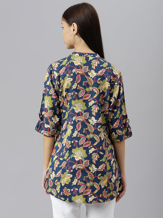 Navy Blue Floral Rayon A-Line Shirts Style Top | LASVINI - Redefining Indian Fashion with Elegance
