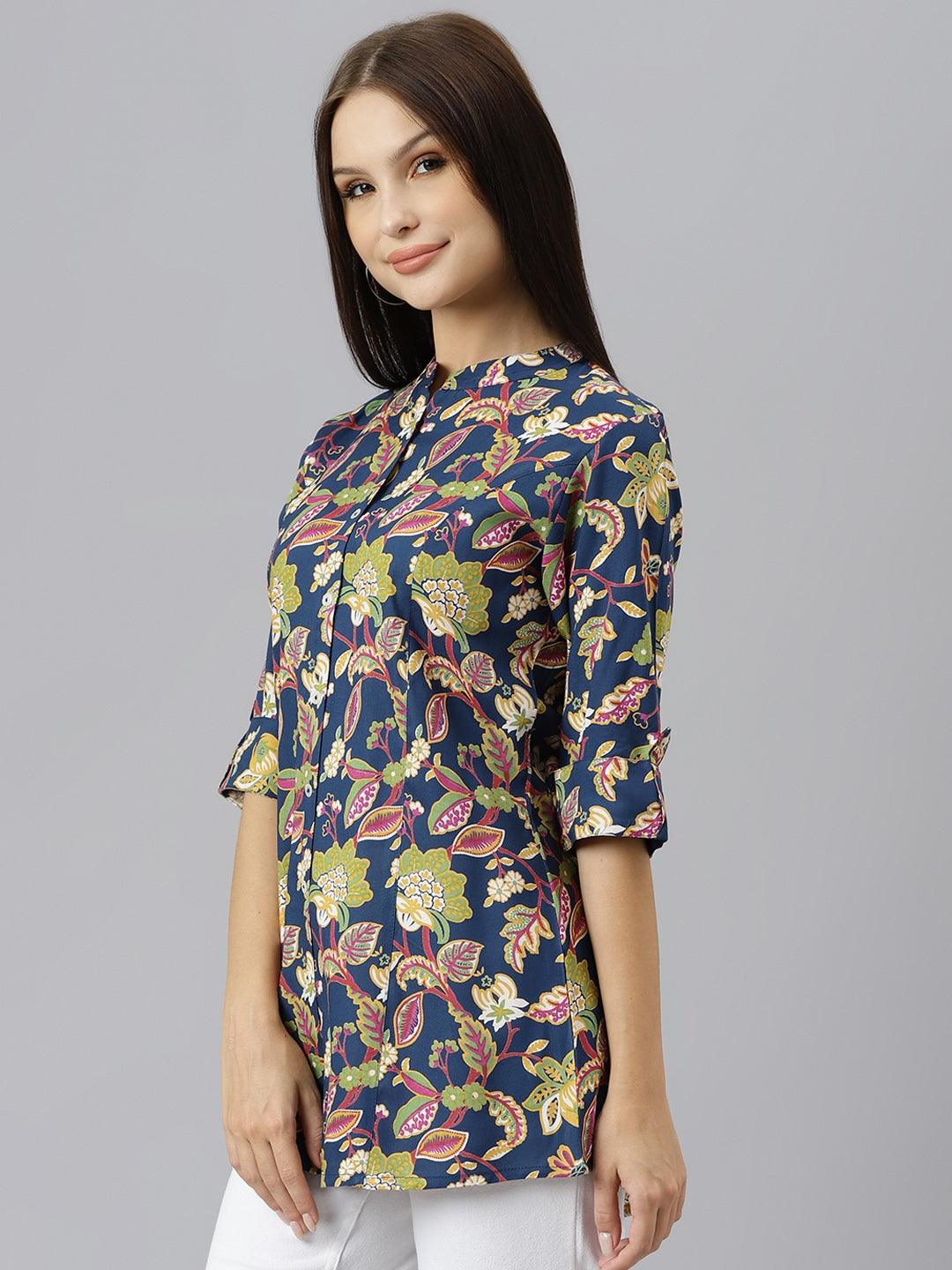 Navy Blue Floral Rayon A-Line Shirts Style Top | LASVINI - Redefining Indian Fashion with Elegance