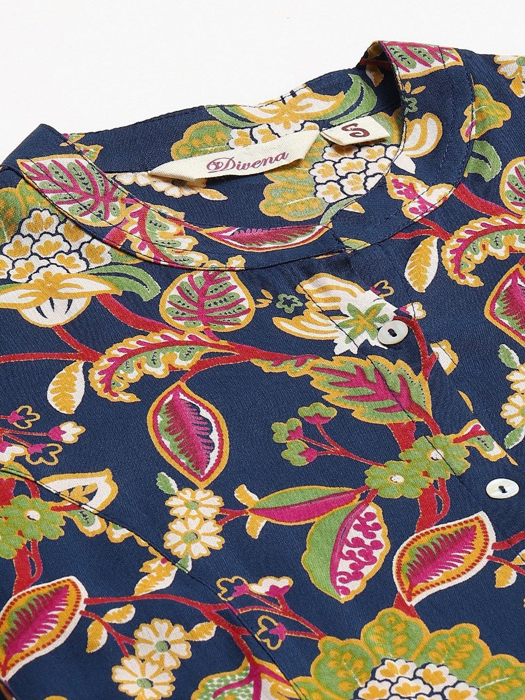 Navy Blue Floral Rayon A-Line Shirts Style Top | LASVINI - Redefining Indian Fashion with Elegance