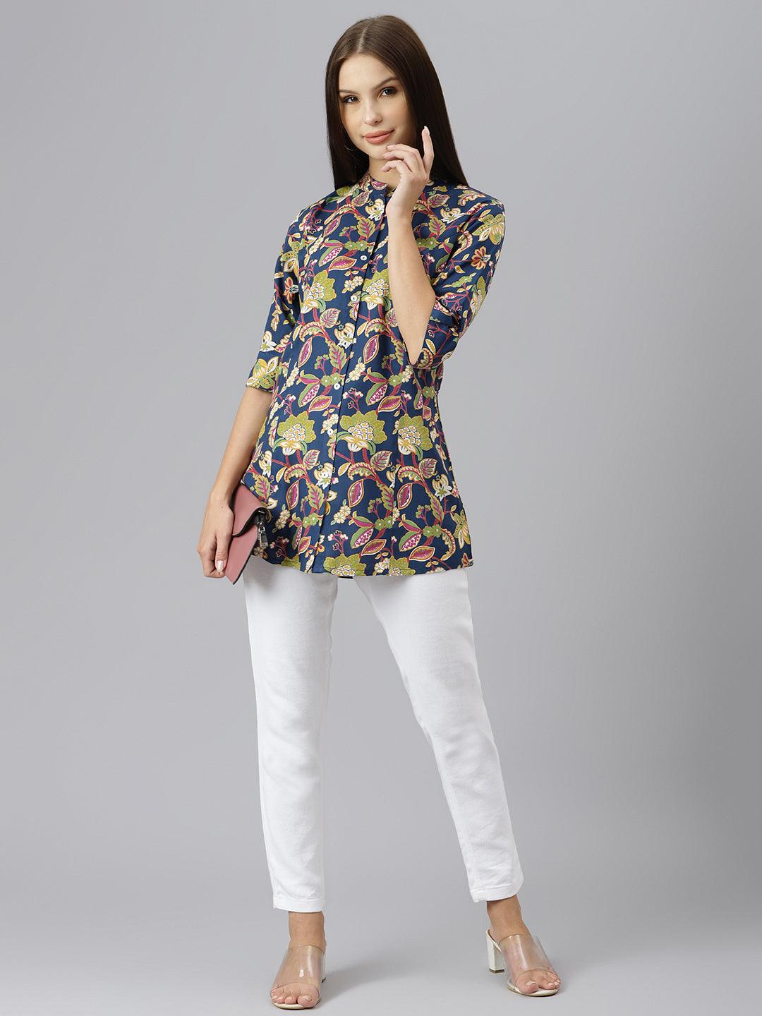 Navy Blue Floral Rayon A-Line Shirts Style Top | LASVINI - Redefining Indian Fashion with Elegance