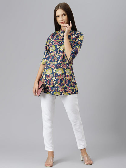 Navy Blue Floral Rayon A-Line Shirts Style Top | LASVINI - Redefining Indian Fashion with Elegance