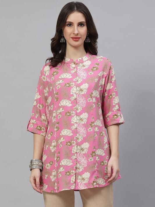 Light Pink Floral Rayon A-Line Top | LASVINI - Redefining Indian Fashion with Elegance