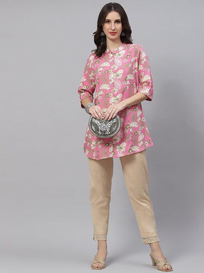 Light Pink Floral Rayon A-Line Top | LASVINI - Redefining Indian Fashion with Elegance