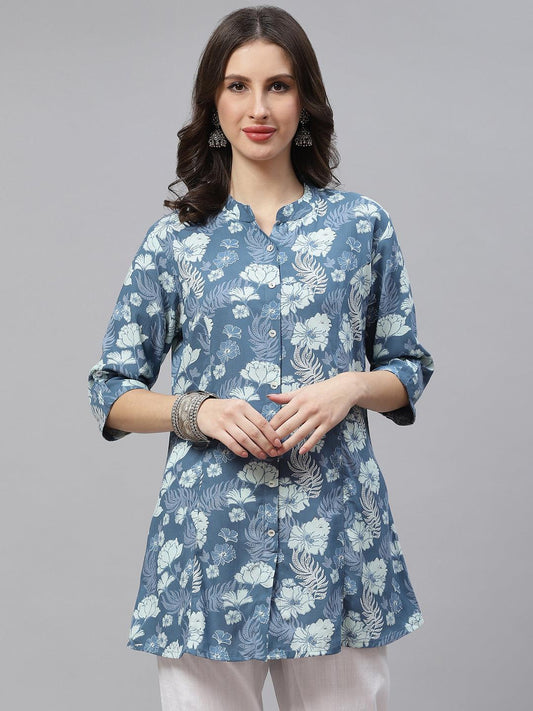 Blue Floral Rayon A-Linetop | LASVINI - Redefining Indian Fashion with Elegance