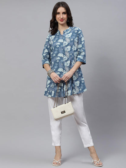 Blue Floral Rayon A-Linetop | LASVINI - Redefining Indian Fashion with Elegance