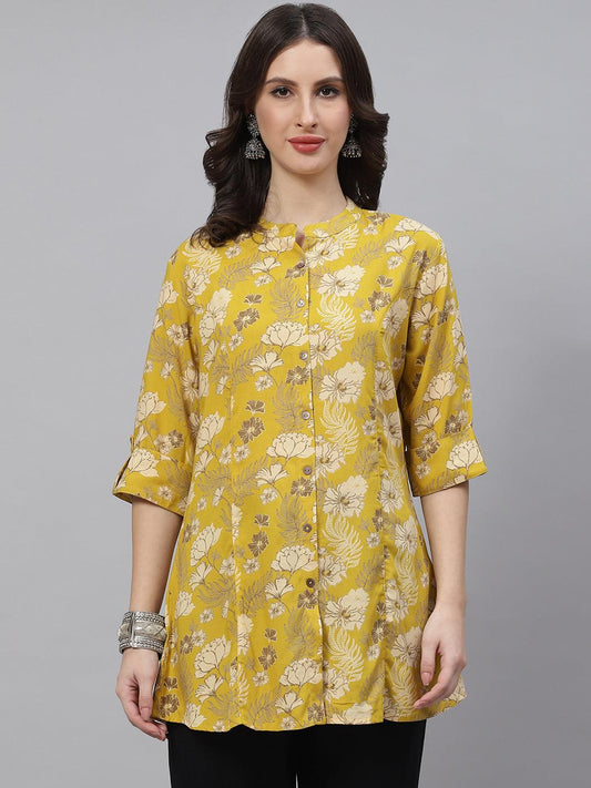 Mustard Floral Rayon A-Linetop | LASVINI - Redefining Indian Fashion with Elegance