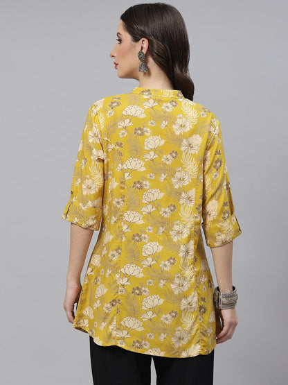 Mustard Floral Rayon A-Linetop | LASVINI - Redefining Indian Fashion with Elegance