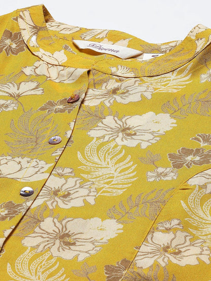 Mustard Floral Rayon A-Linetop | LASVINI - Redefining Indian Fashion with Elegance
