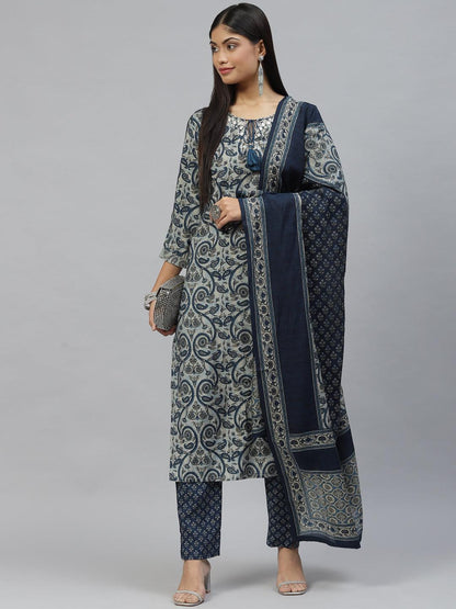 Blue Ethnic Motif Muslin Straight Kurta Pant Set With Dupatta | LASVINI - Redefining Indian Fashion with Elegance