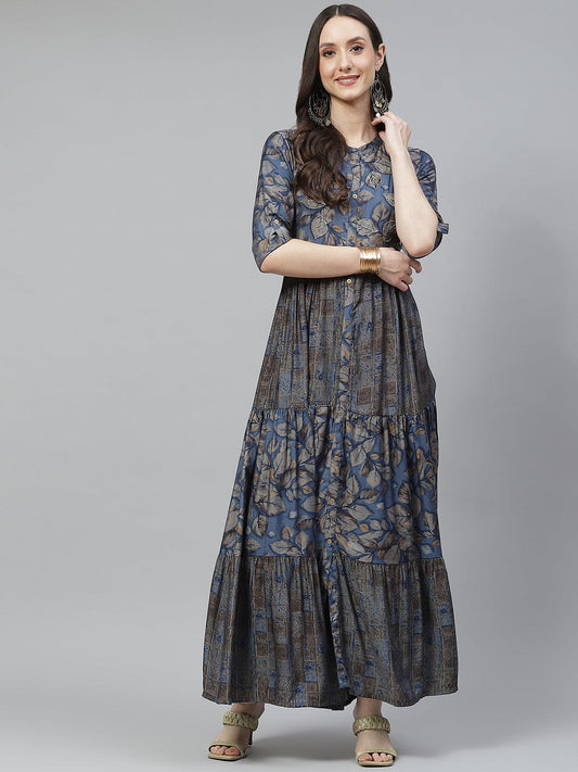 Blue Muslin Tiered With Gathered Kurta With Front Slits | LASVINI - Redefining Indian Fashion with Elegance
