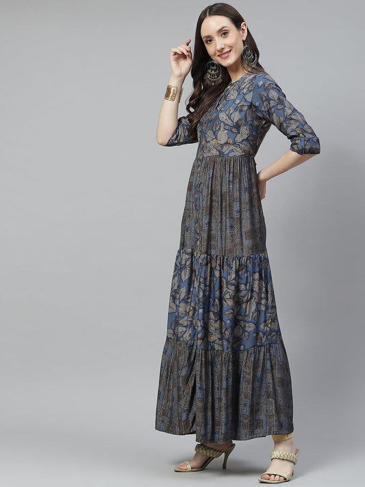 Blue Muslin Tiered With Gathered Kurta With Front Slits | LASVINI - Redefining Indian Fashion with Elegance