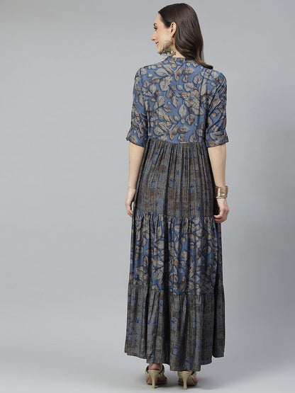 Blue Muslin Tiered With Gathered Kurta With Front Slits | LASVINI - Redefining Indian Fashion with Elegance