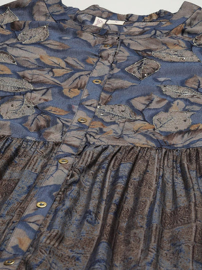 Blue Muslin Tiered With Gathered Kurta With Front Slits | LASVINI - Redefining Indian Fashion with Elegance