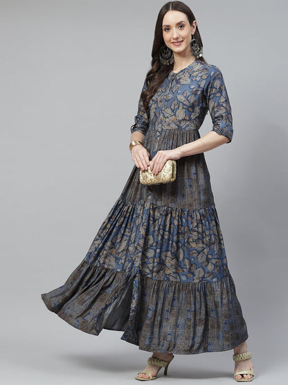 Blue Muslin Tiered With Gathered Kurta With Front Slits | LASVINI - Redefining Indian Fashion with Elegance