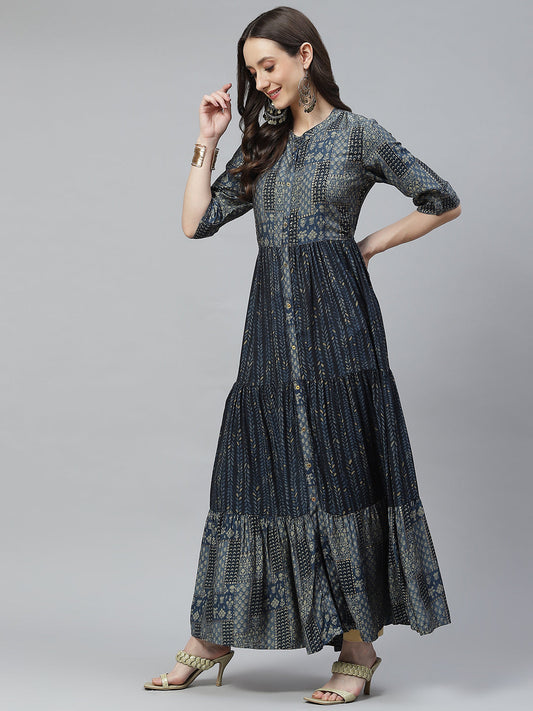 Women Blue Muslin Tiered With Gathered Kurta | LASVINI - Redefining Indian Fashion with Elegance