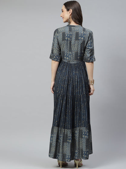 Women Blue Muslin Tiered With Gathered Kurta | LASVINI - Redefining Indian Fashion with Elegance