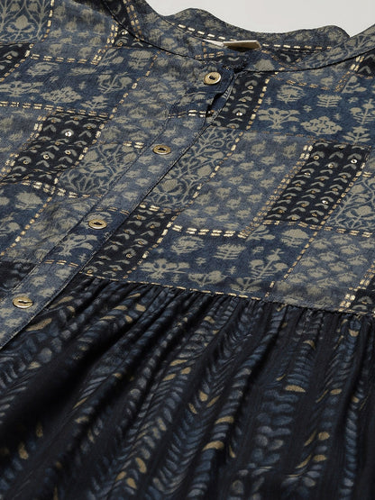 Women Blue Muslin Tiered With Gathered Kurta | LASVINI - Redefining Indian Fashion with Elegance