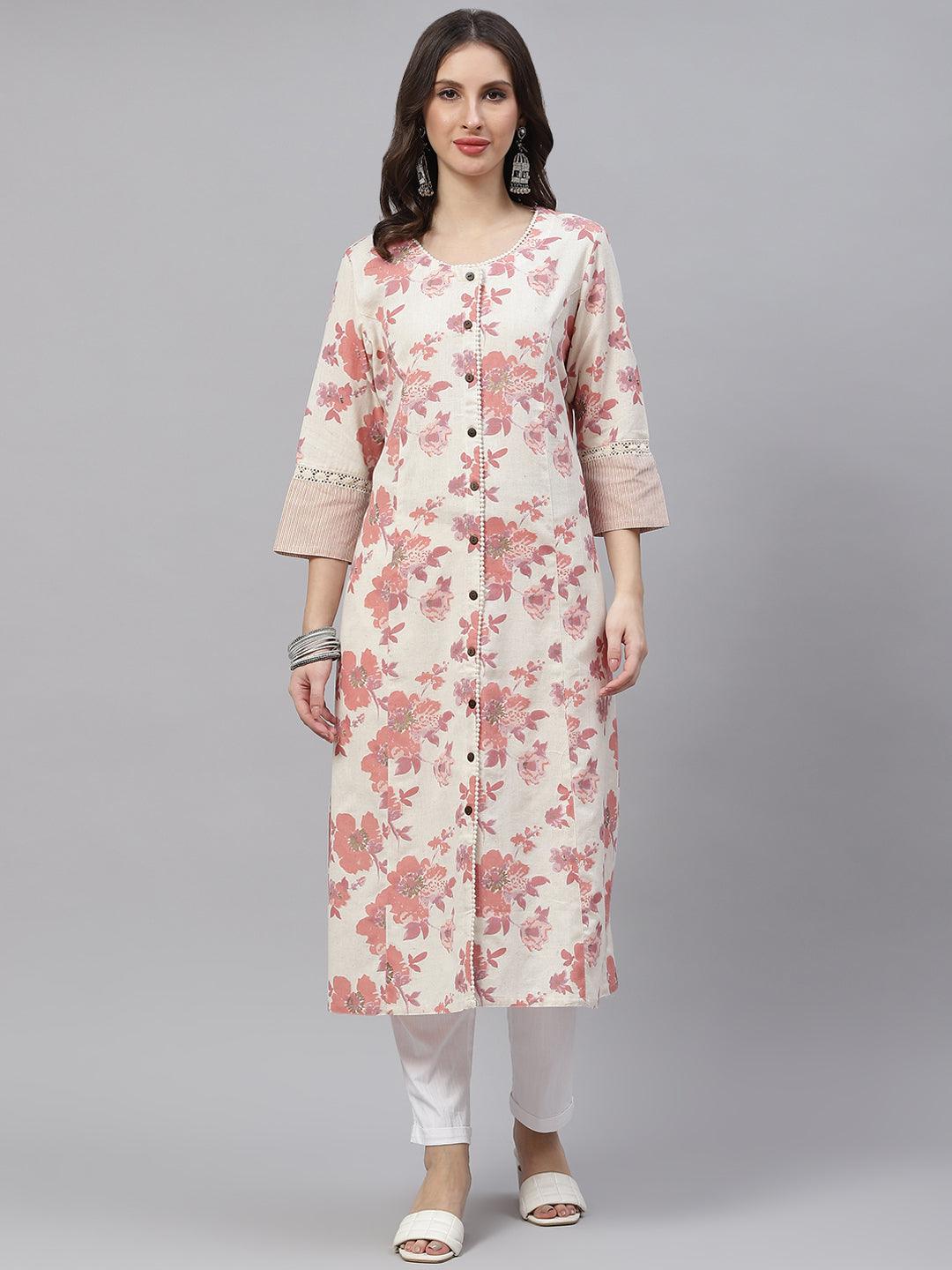 Cream Floral Cotton Flex A-Line Kurta | LASVINI - Redefining Indian Fashion with Elegance