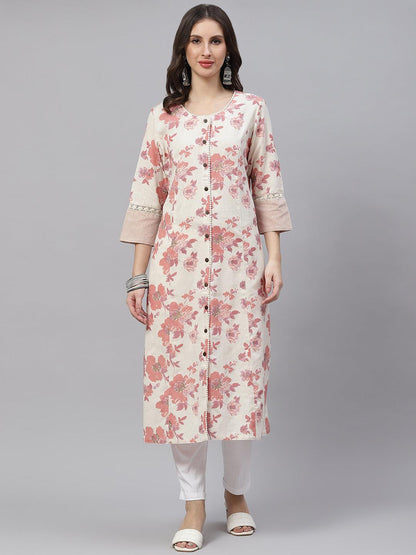 Cream Floral Cotton Flex A-Line Kurta | LASVINI - Redefining Indian Fashion with Elegance