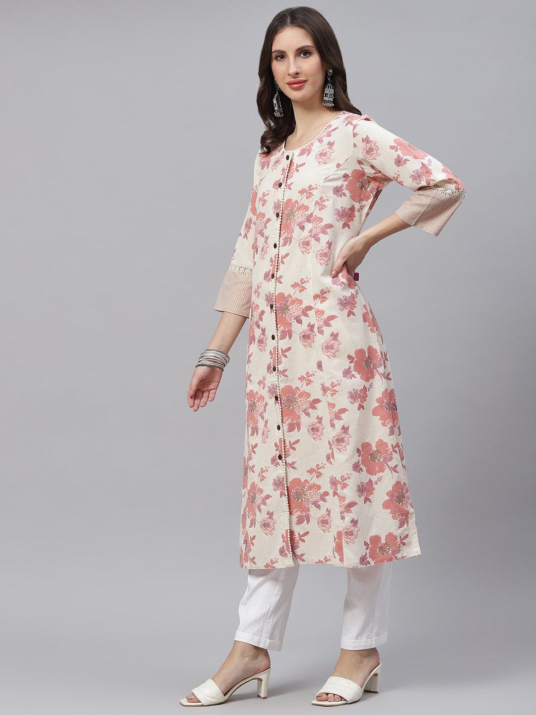 Cream Floral Cotton Flex A-Line Kurta | LASVINI - Redefining Indian Fashion with Elegance