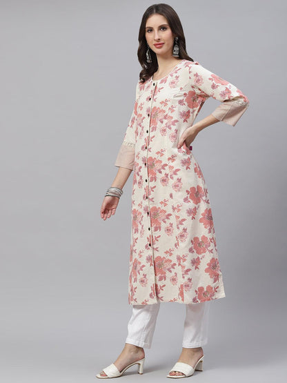 Cream Floral Cotton Flex A-Line Kurta | LASVINI - Redefining Indian Fashion with Elegance