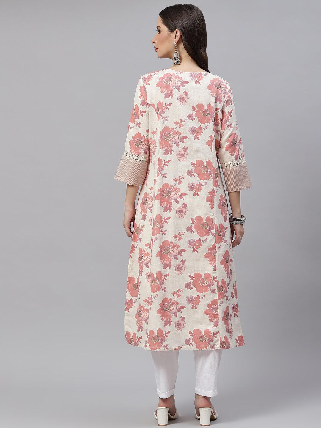 Cream Floral Cotton Flex A-Line Kurta | LASVINI - Redefining Indian Fashion with Elegance