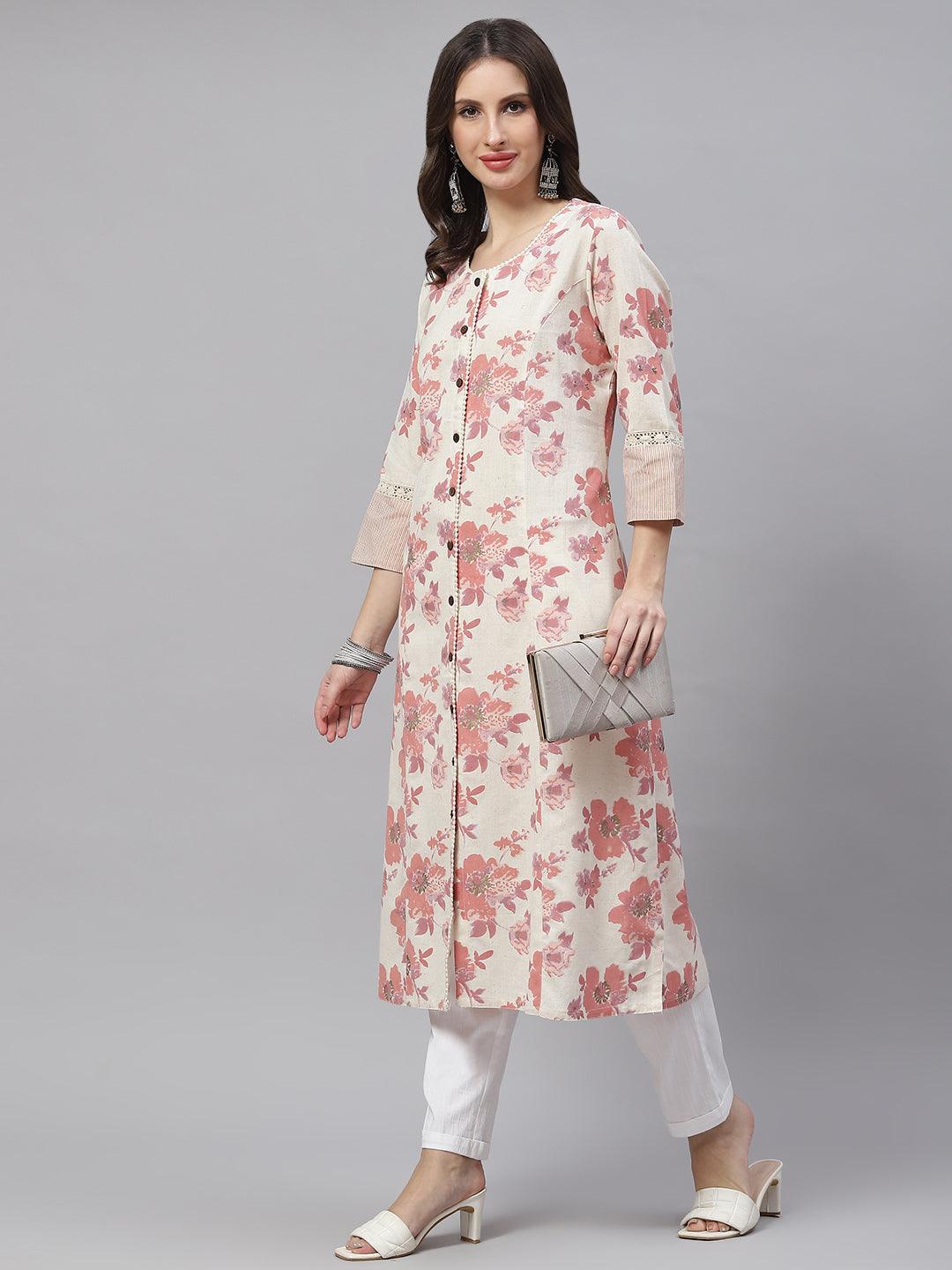 Cream Floral Cotton Flex A-Line Kurta | LASVINI - Redefining Indian Fashion with Elegance