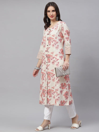 Cream Floral Cotton Flex A-Line Kurta | LASVINI - Redefining Indian Fashion with Elegance