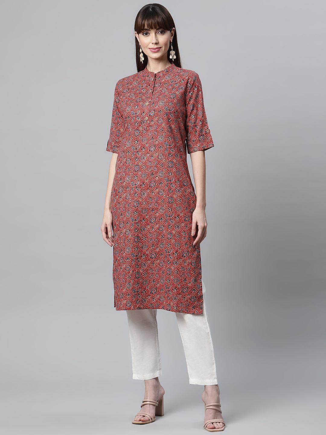 Red And Blue Cotton Straight Kurta | LASVINI - Redefining Indian Fashion with Elegance