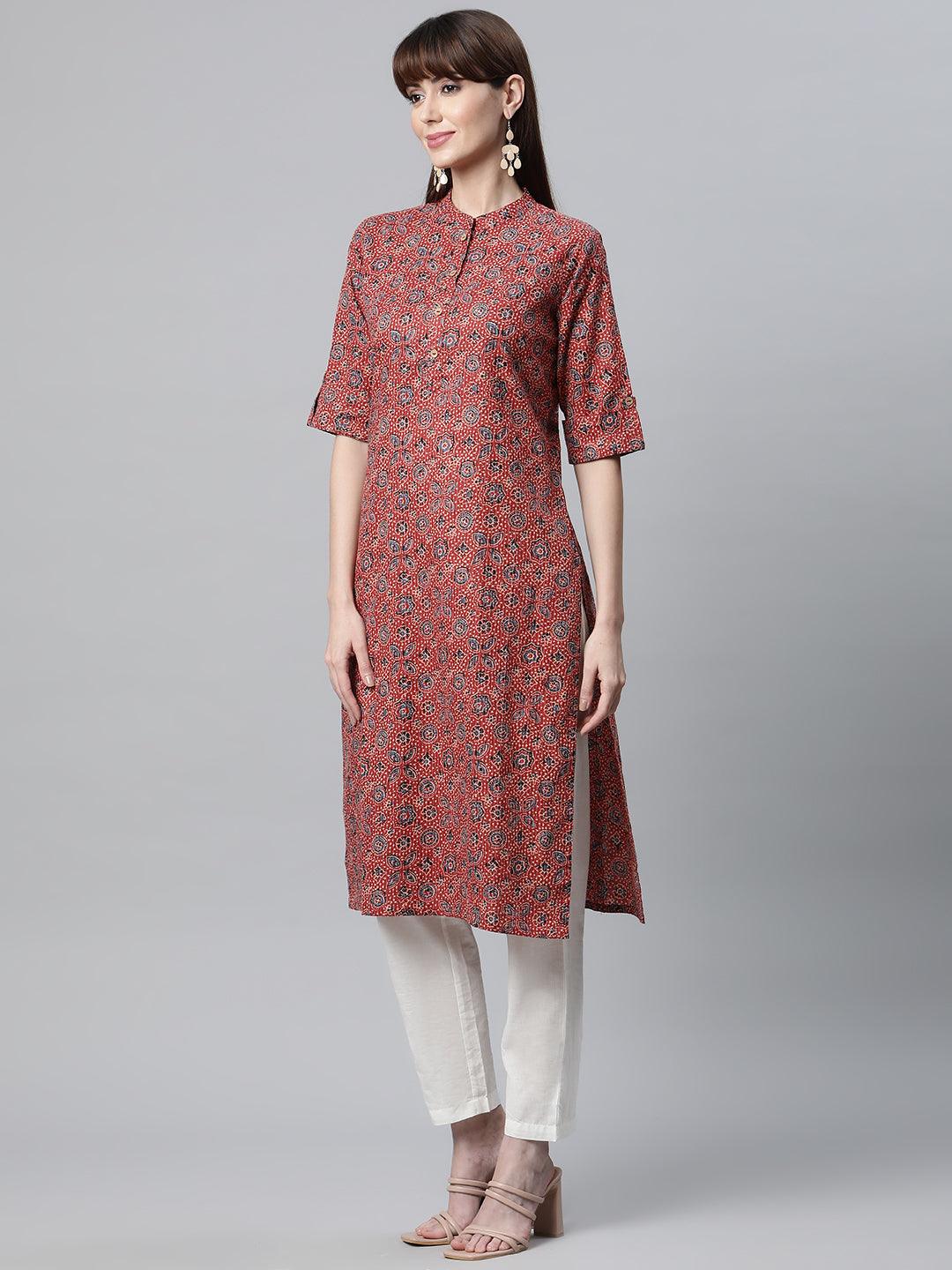 Red And Blue Cotton Straight Kurta | LASVINI - Redefining Indian Fashion with Elegance