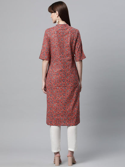 Red And Blue Cotton Straight Kurta | LASVINI - Redefining Indian Fashion with Elegance