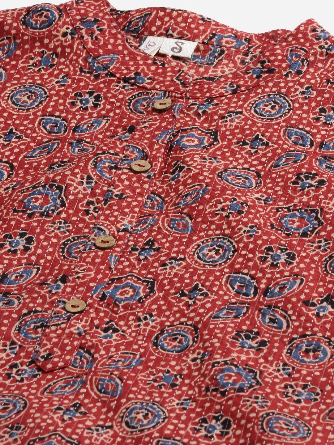 Red And Blue Cotton Straight Kurta | LASVINI - Redefining Indian Fashion with Elegance