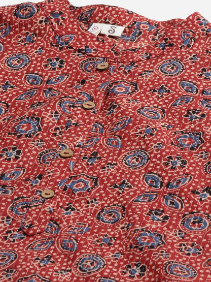 Red And Blue Cotton Straight Kurta | LASVINI - Redefining Indian Fashion with Elegance