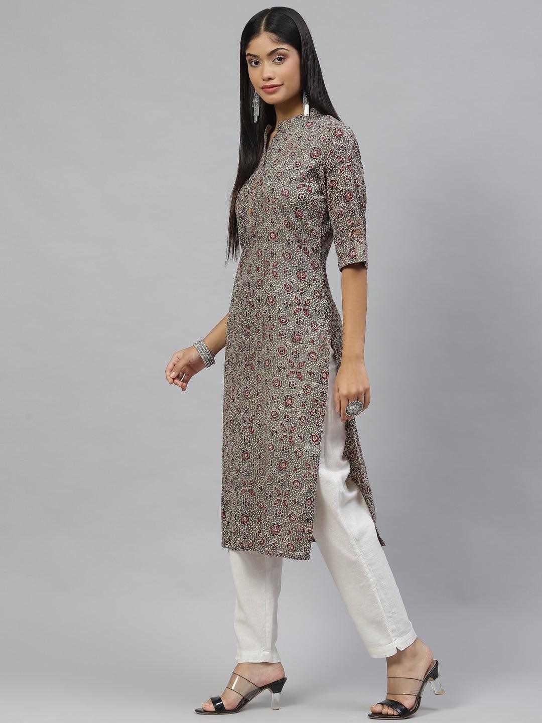 Dark Gray And Maroon Cotton Straight Kurta | LASVINI - Redefining Indian Fashion with Elegance