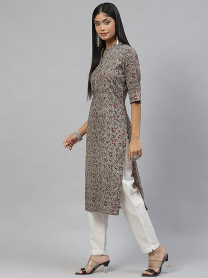 Dark Gray And Maroon Cotton Straight Kurta | LASVINI - Redefining Indian Fashion with Elegance