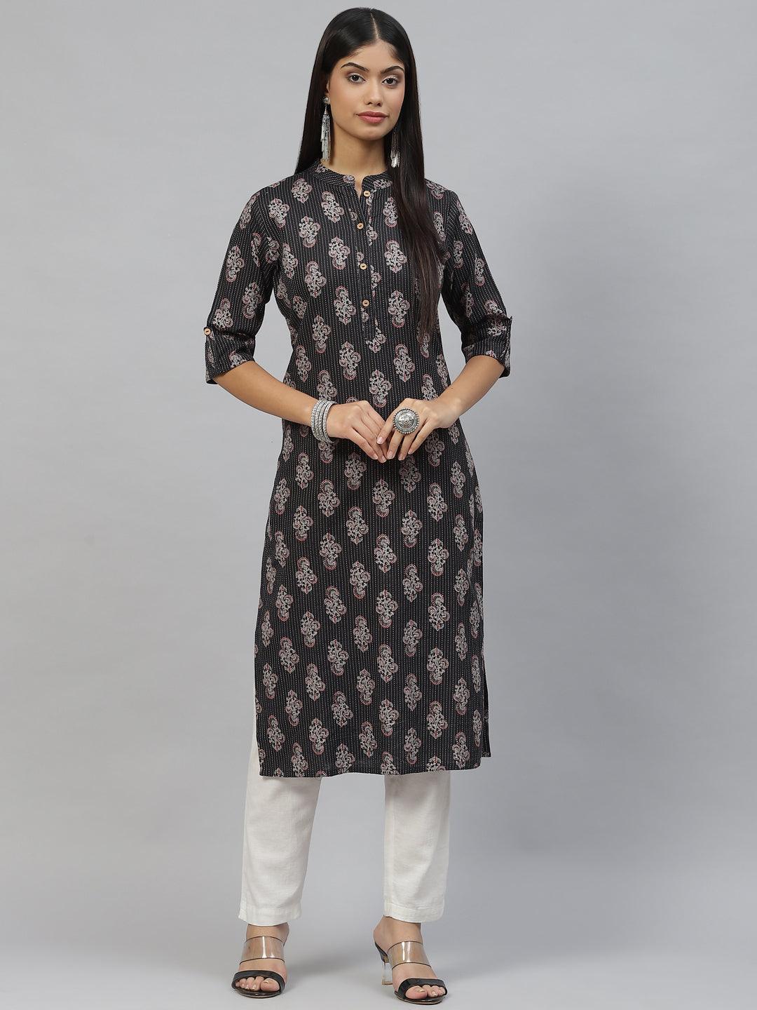 Black And Grey Cotton Straight Kurta | LASVINI - Redefining Indian Fashion with Elegance
