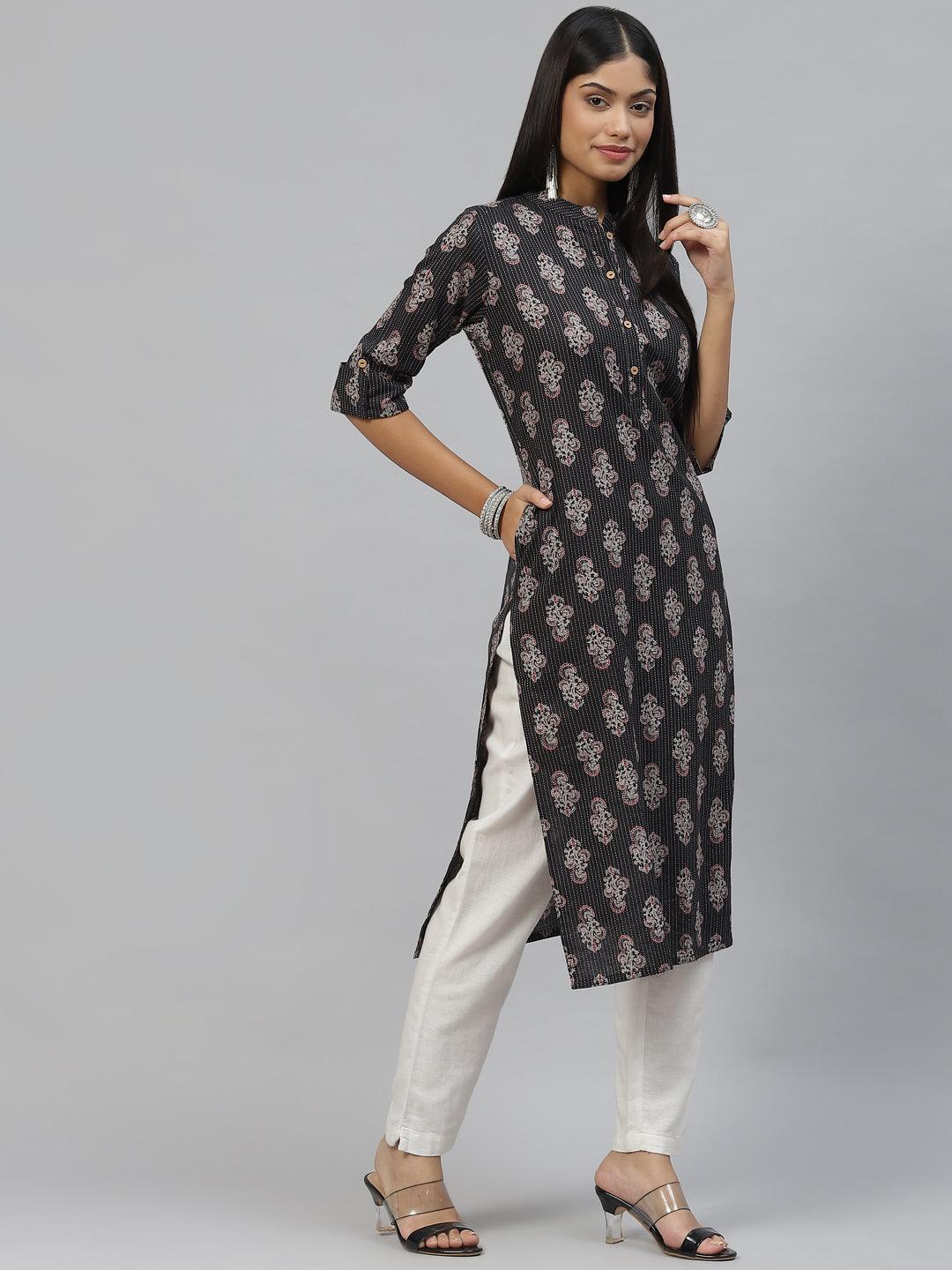 Black And Grey Cotton Straight Kurta | LASVINI - Redefining Indian Fashion with Elegance