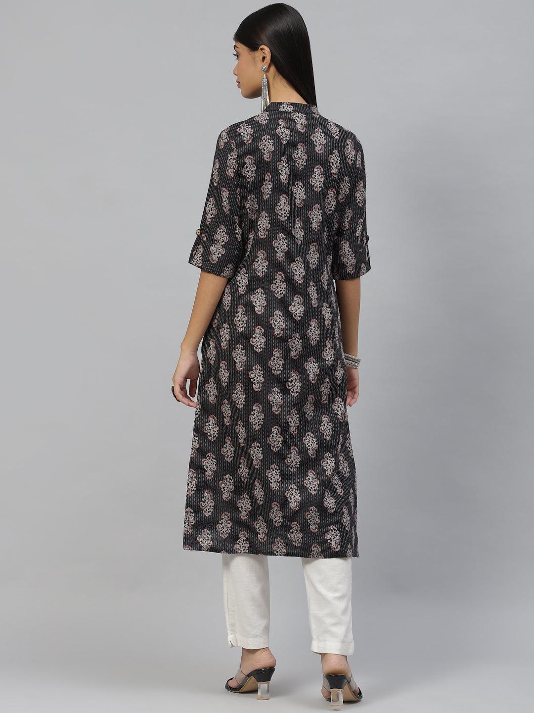 Black And Grey Cotton Straight Kurta | LASVINI - Redefining Indian Fashion with Elegance