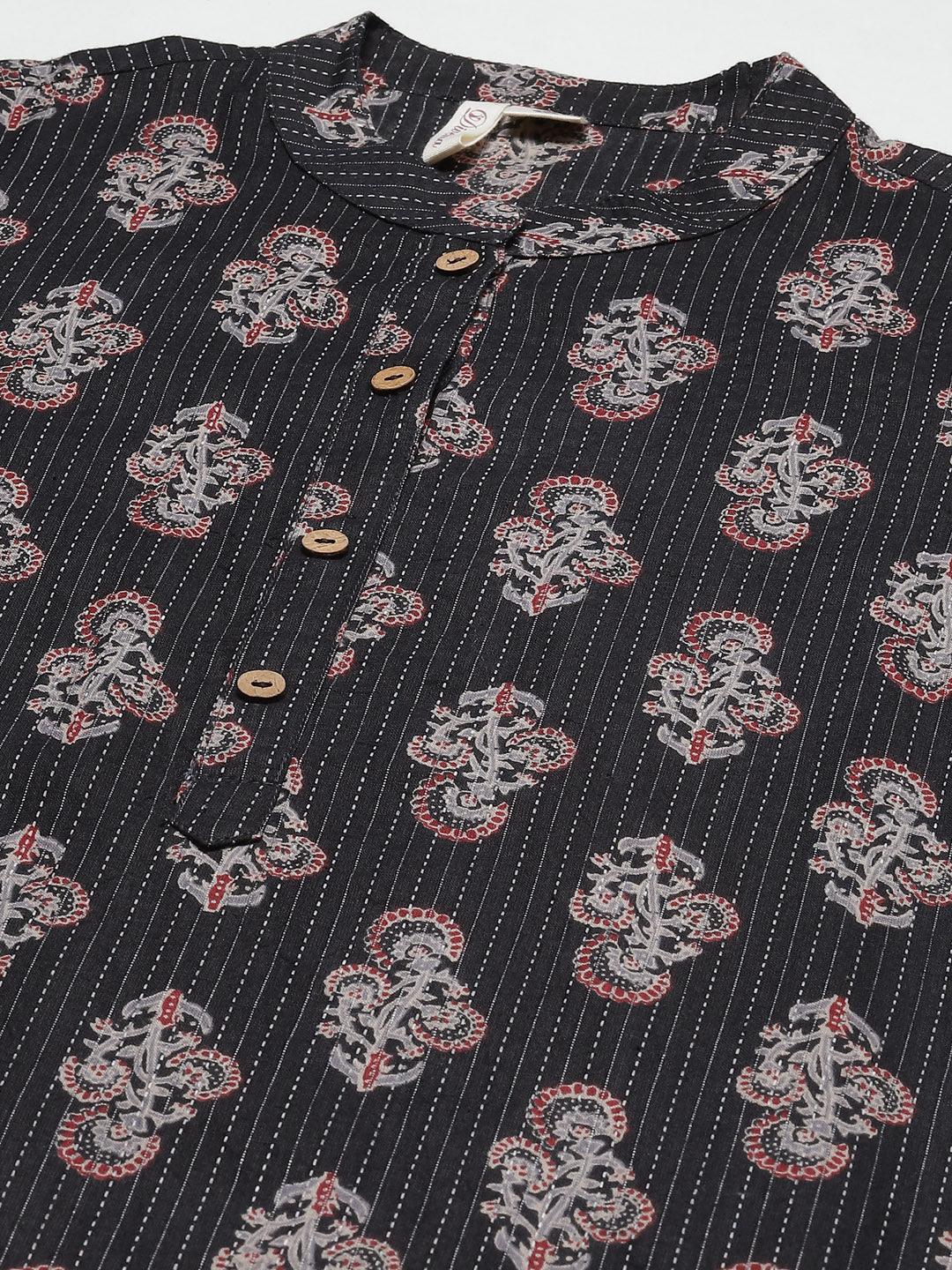 Black And Grey Cotton Straight Kurta | LASVINI - Redefining Indian Fashion with Elegance