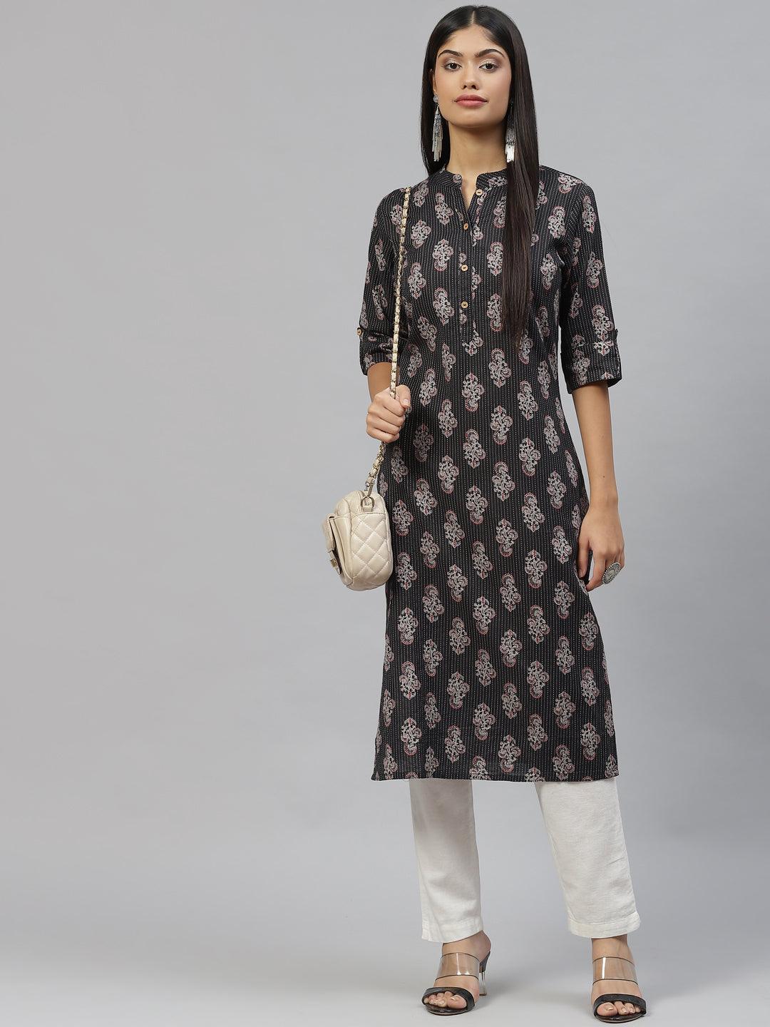 Black And Grey Cotton Straight Kurta | LASVINI - Redefining Indian Fashion with Elegance