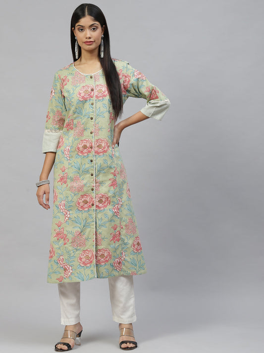 Women Olive Floral Cotton Flex A-Line Kurta | LASVINI - Redefining Indian Fashion with Elegance