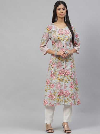 Women Sky Blue Floral Cotton Flex A-Line Kurta | LASVINI - Redefining Indian Fashion with Elegance
